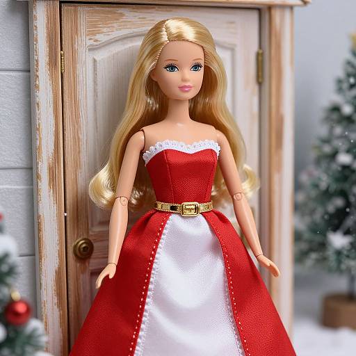 Photograph of a blonde Barbie doll in a red and white Christmas dress, standing in front of a wooden door with snow-covered trees in the background.