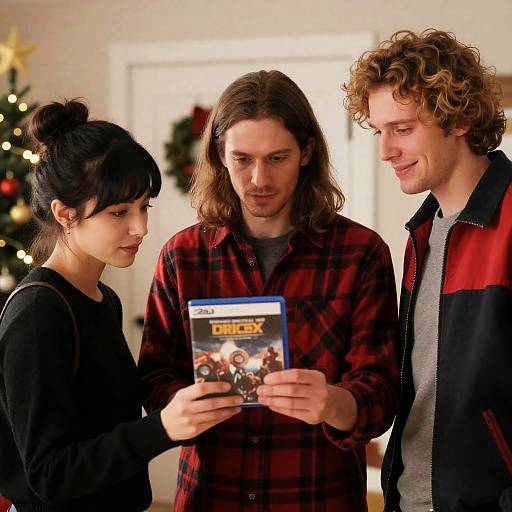 Photograph of three young adults, two men and one woman, wearing casual clothes, closely examining a 