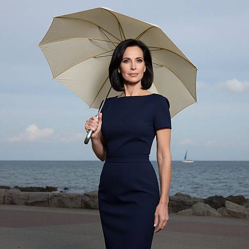 Photograph of a smiling woman with straight black hair, wearing a form-fitting black dress, holding a beige umbrella, standing by a seaside with rocks