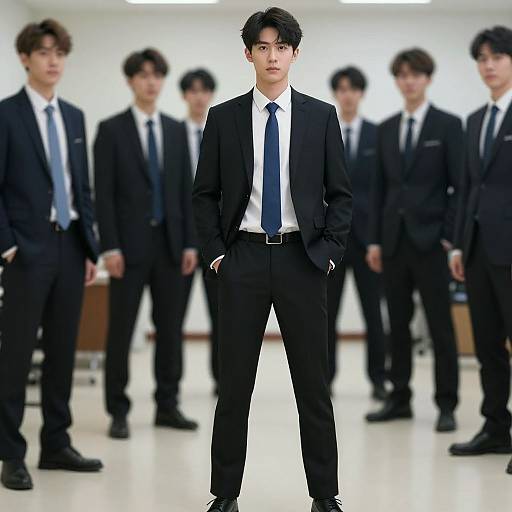 Photograph of an Asian man in a black suit and tie, standing confidently in the center, surrounded by five blurred men in similar attire, in a