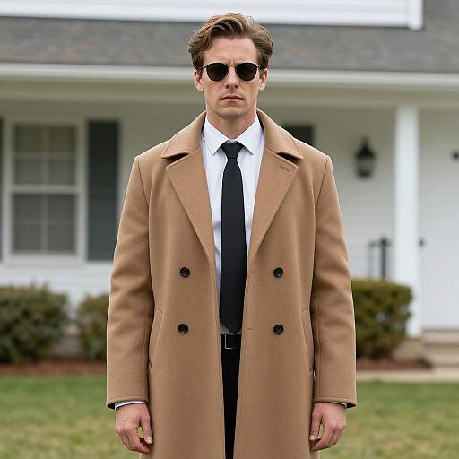 Photograph of a serious, light-skinned man with short brown hair, wearing black sunglasses, tan double-breasted coat, white shirt, black tie