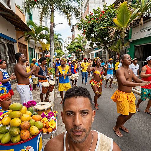 Vibrant street parade photograph featuring shirtless Black men in yellow skirts, drummers, tropical fruits, palm trees, and colorful crowd in urban setting