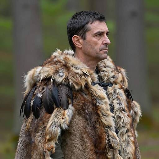 Serious Man in Fur Cloak in Forest
