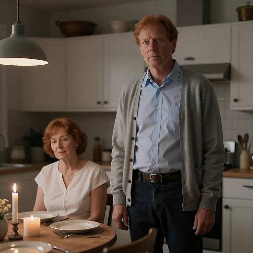 Middle-aged man and older woman in kitchen