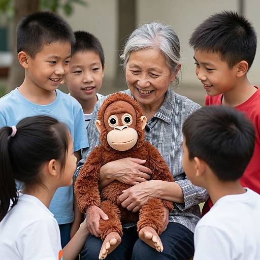 Photograph of an elderly Asian woman with gray hair, smiling while holding a brown plush monkey, surrounded by six smiling Asian children.