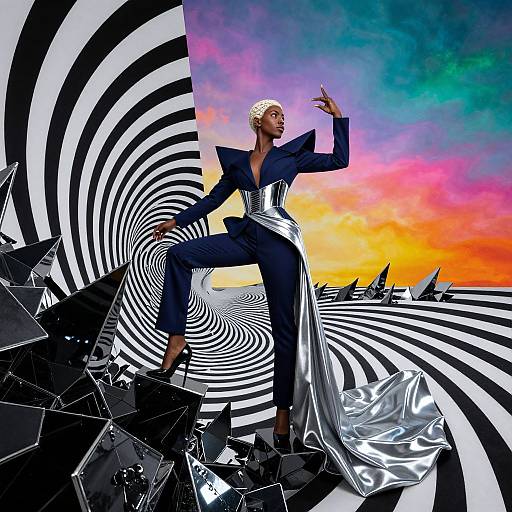 Photograph of a confident, blonde woman in a silver and black high-fashion jumpsuit, posing on geometric black shards against swirling black-and-white patterns and