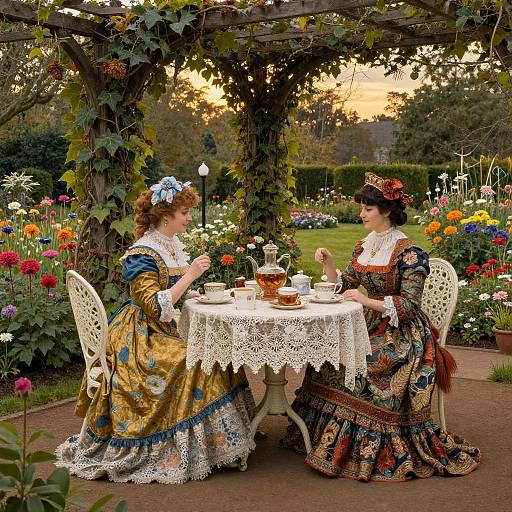 Victorian-era photograph: Two women in ornate, colorful dresses with lace details, seated at a lace-covered table, tea set, under a vine