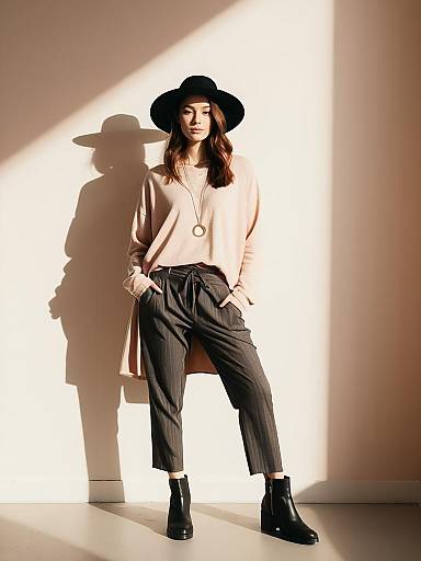 Stylish woman in bohemian casual outfit with wide-brimmed hat