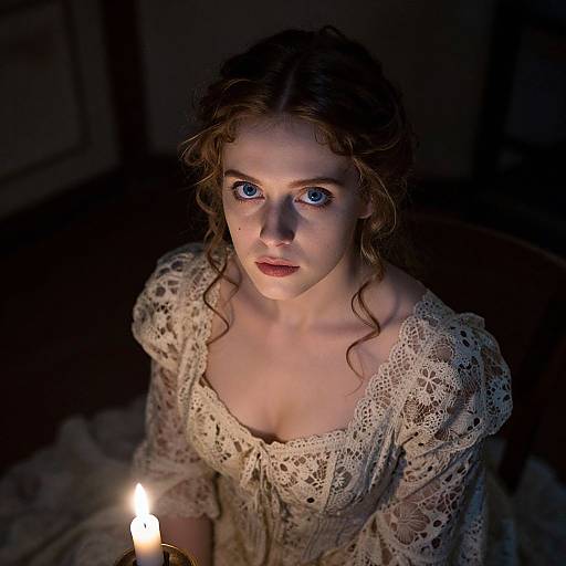 Photograph of a young woman with blue eyes, curly brown hair, and fair skin, wearing a lace dress, illuminated by a candle in a dark