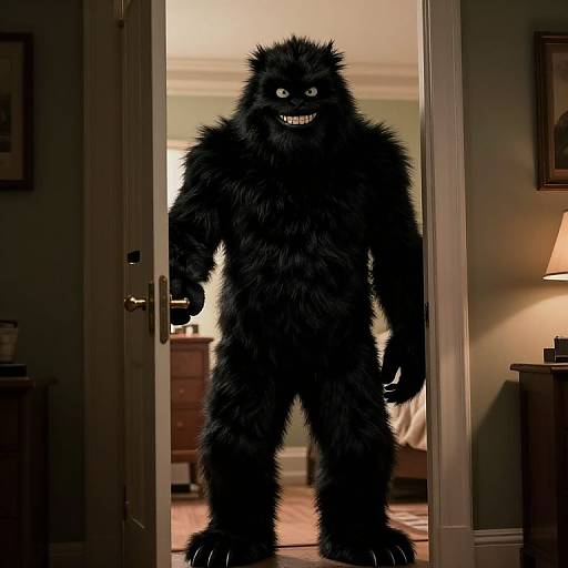 Photograph of a black, furry, monstrous creature with sharp teeth standing in a dimly lit doorway, illuminated by a lamp.