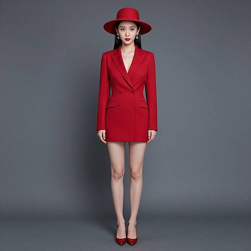 Photograph of an Asian woman with pale skin, wearing a red blazer, mini skirt, matching hat, and red high heels, standing against a