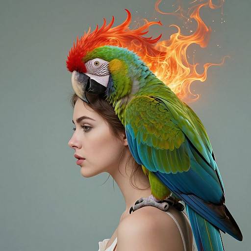 Photograph-like digital artwork of a woman with fair skin and brown hair, featuring a vibrant macaw with fiery red crest perched on her head,
