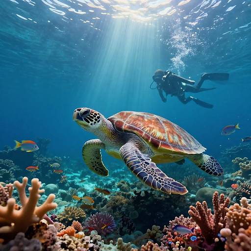 Photograph of a vibrant underwater scene: A turtle swims gracefully above colorful coral reefs, with sunlight filtering from above, and a scuba diver observing in