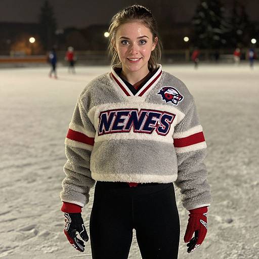 Nighttime photograph of a smiling young woman with brown hair in a ponytail, wearing a gray NES hockey sweater, black pants, and red gloves,