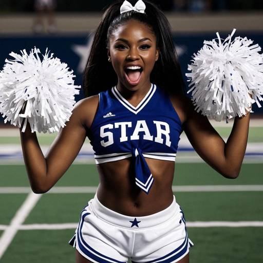 Cheerleader in Blue and White Uniform with Pom Poms
