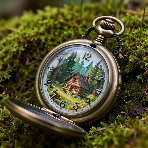 Photograph of an antique, open pocket watch with a detailed, colorful forest scene showing a wooden cabin on its face, set against lush green moss.