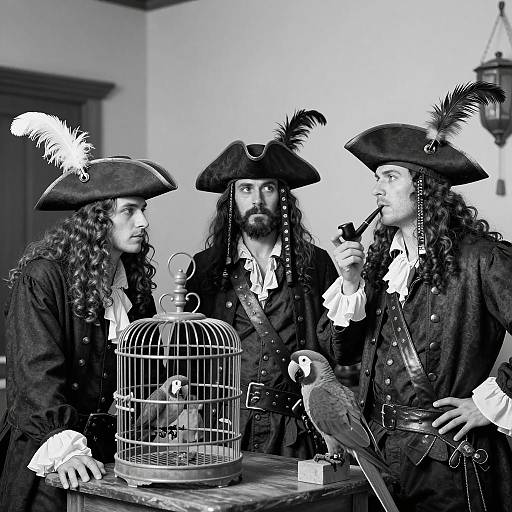 18th Century Pirates with Parrots in Black and White