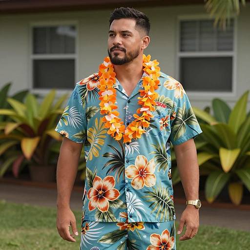 Man in Hawaiian Outfit with Orange Lei