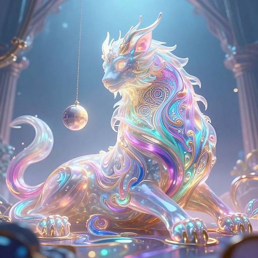 Digital art: Glowing, mythical, rainbow-hued dragon with intricate, swirling patterns, sitting gracefully under a hanging silver orb, in a luminous