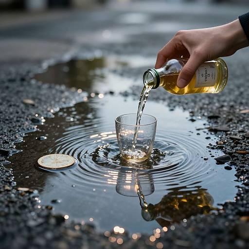 Photograph: Hand pours amber liquid from bottle into glass on wet, gravelly ground, ripples form, coin nearby, reflections visible.