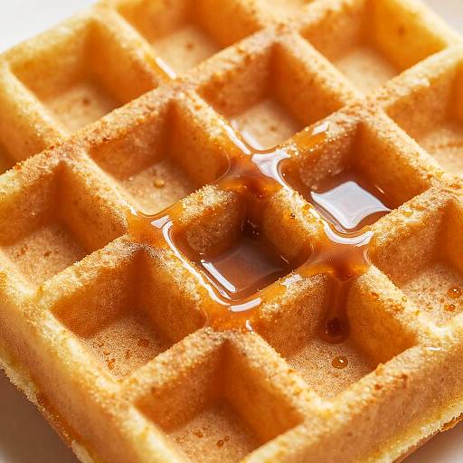 Close-up photograph of a golden-brown waffle with syrup pooling in its square indentations, highlighting the texture and warmth.