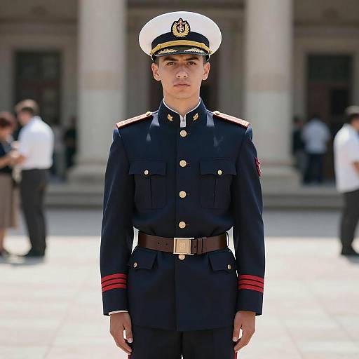 Photograph of a young male naval officer in a dark blue uniform with gold buttons, white cap, red stripes, standing in front of a blurry building