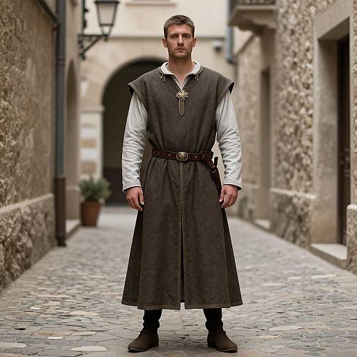 Photograph of a serious, young white man in medieval-style attire, standing on a cobblestone street between stone buildings. He wears a dark grey