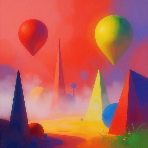 Vibrant digital artwork of colorful hot air balloons, geometric cones, and misty sky at sunrise with red, orange, yellow, and purple hues