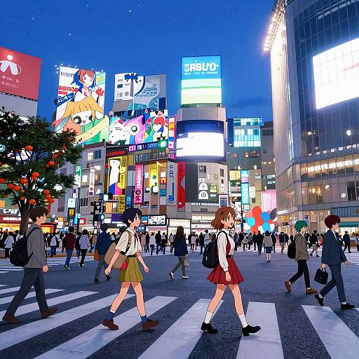 Digital anime-style illustration of a bustling Japanese city street at night, filled with people crossing a zebra crossing, surrounded by brightly lit, colorful billboards