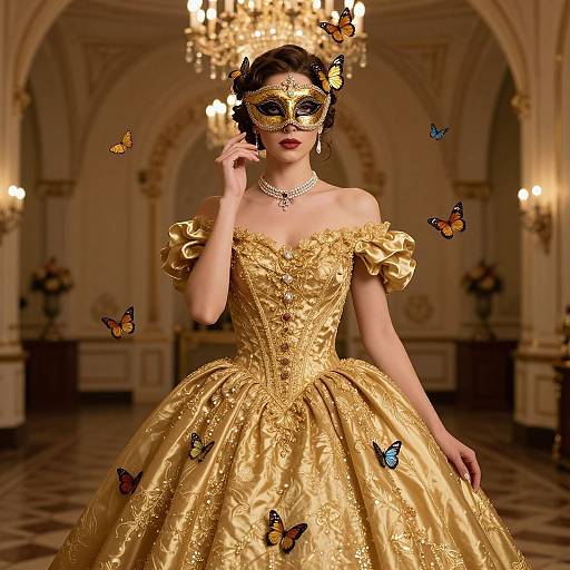 Photograph-like CGI of a woman in a gold, off-shoulder, embroidered ball gown with butterflies, wearing a masquerade mask, in