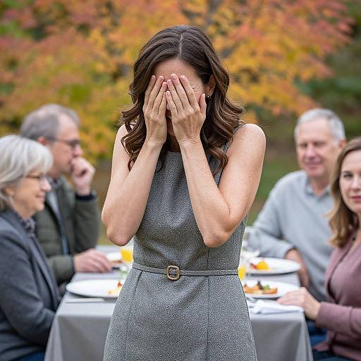 Photograph of a woman with wavy brown hair covering her face with both hands, wearing a gray dress, standing in front of a blurred outdoor table