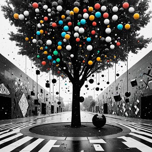Colorful Spheres on Abstract Tree in Urban Street