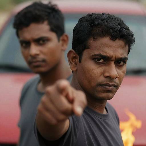Intense Men with Fiery Car Background
