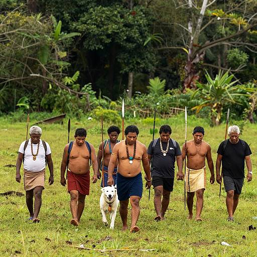 Photograph of six shirtless, beaded-necklace-wearing men walking in a grassy, forested area with a white dog between them,