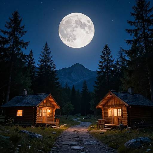 Photograph of two wooden cabins with glowing windows, under a radiant full moon, surrounded by dark pine trees, and a mountainous forest background.