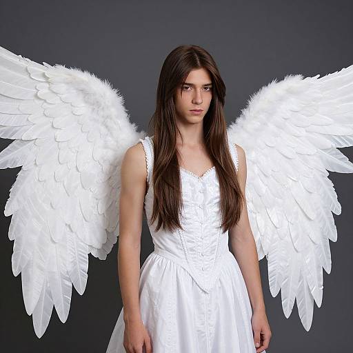 Photograph of a young woman with long brown hair, wearing a white dress and large white feathered angel wings, standing against a dark gray background.