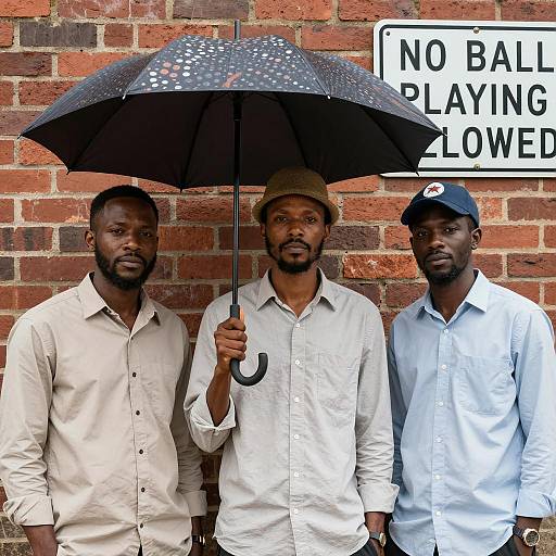 Three Men Under an Umbrella by Wall