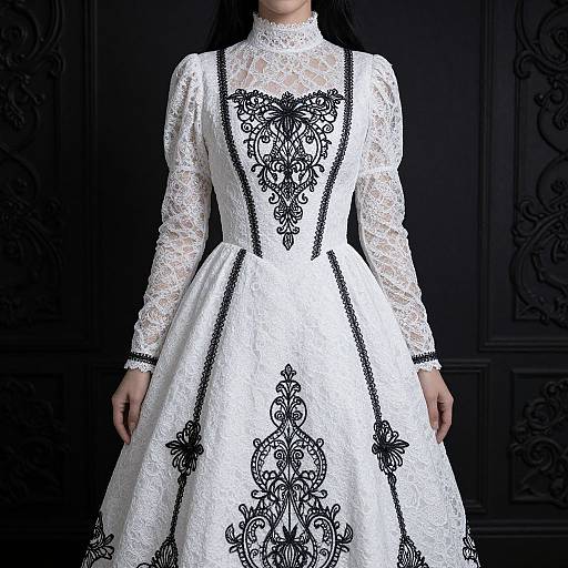 Photograph of a woman in a detailed white lace dress with black floral embroidery, long sleeves, and high neckline, standing against a dark, ornate