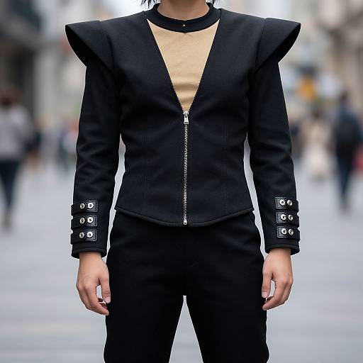 Photograph of a person in a black, zip-front, tailored jacket with silver button accents, black pants, and beige shirt, standing on a blurred