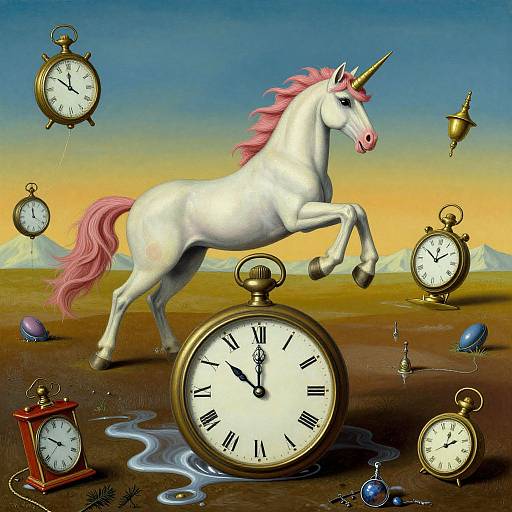 Digital surreal artwork: A white unicorn with pink mane and tail, rearing up, amidst floating clocks, pendulums, and eggs in a desert