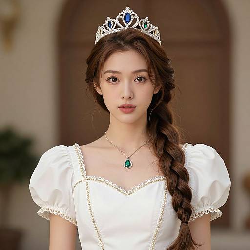 Photograph of a young woman with fair skin, brown hair in a braid, wearing a white dress, silver tiara, and green pendant,