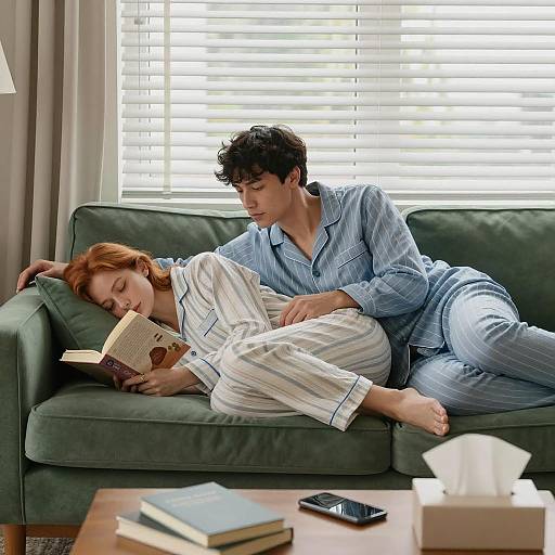 Couple Relaxing on Couch in Pajamas