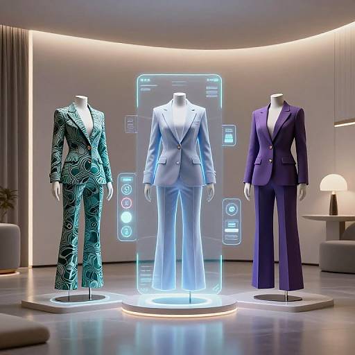 Photograph of three mannequins in a modern showroom, each wearing a different suit: teal with green patterns, light blue, and purple,