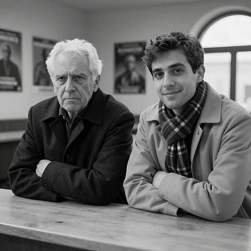 Black and White Photo of Two Men at Counter