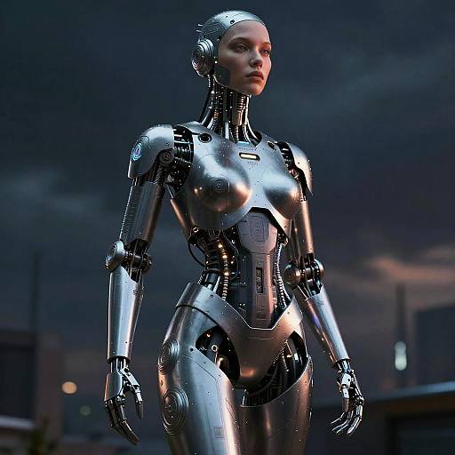 Photorealistic CGI of a sleek, silver, female humanoid robot with metallic joints and glowing blue highlights, standing against a dark, cloudy night sky.