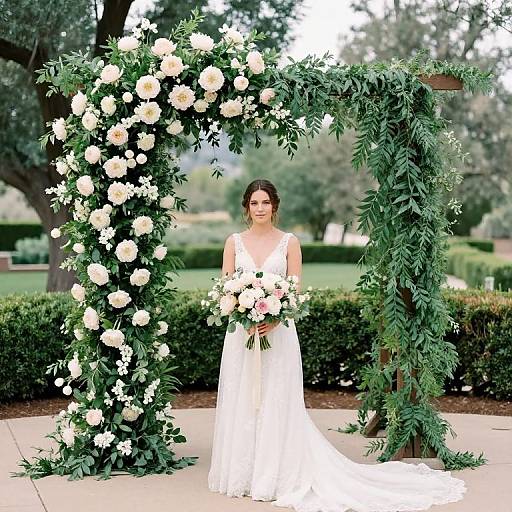 Photograph of a bride in a white lace gown, holding a pink and white bouquet, standing under an arbor adorned with roses and greenery in