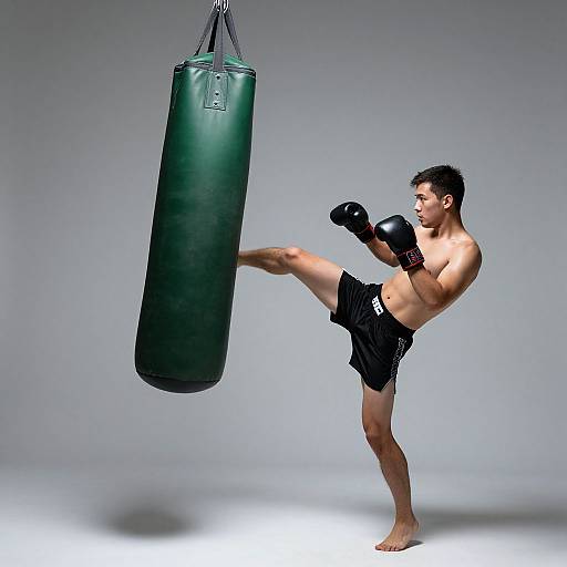 Photograph of a muscular, shirtless man with short dark hair, kicking a green punching bag wearing black boxing shorts and gloves.