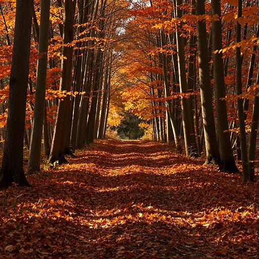 Photograph of a forest path lined with tall trees, covered in vibrant orange and red autumn leaves, with sunlight filtering through.