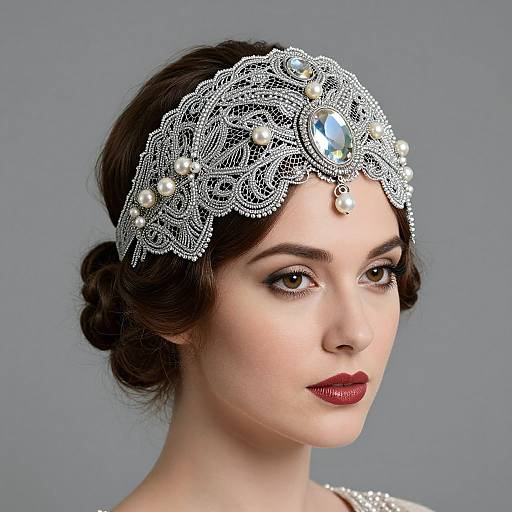 Photograph of a fair-skinned woman with dark brown hair in a bun, wearing an intricate silver headpiece with pearls and a blue gemstone,