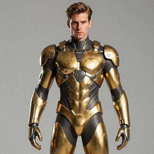 Photograph of a muscular man with short brown hair in a shiny, gold and black, futuristic armor suit, standing against a plain gray background.